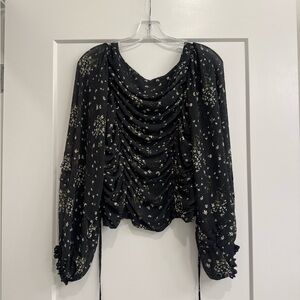 Free People Black Floral Draped Long-Sleeve Women’s Top | Open Back